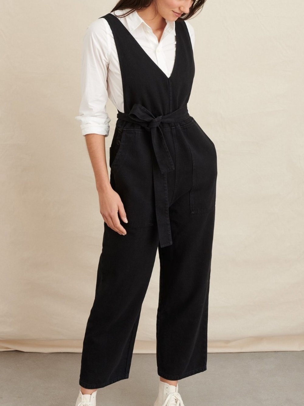 Alex Mill Ollie Black Denim Wide Leg Cropped Overalls Jumpsuit Size L